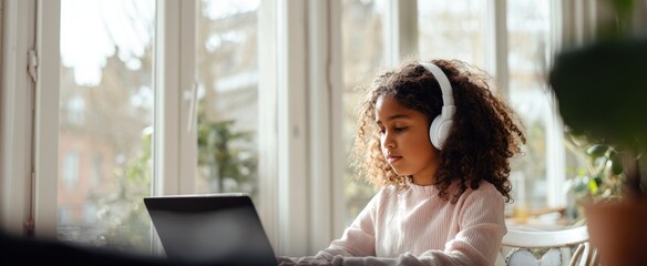 The Girl Studying at a Laptop with Headphones by a Sunlit Window