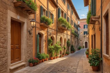 Fototapeta premium Malerische Gasse mit blauen Fensterläden und blühenden Pflanzen in Terrakotta-Töpfen