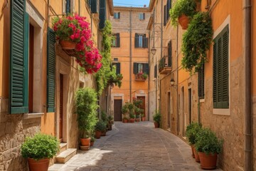 Fototapeta premium Malerische Gasse mit blauen Fensterläden und blühenden Pflanzen in Terrakotta-Töpfen