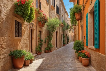 Naklejka premium Malerische Gasse mit blauen Fensterläden und blühenden Pflanzen in Terrakotta-Töpfen