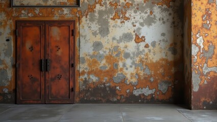 A rusty, weathered metal door stands against a textured, peeling wall, casting a somber mood.