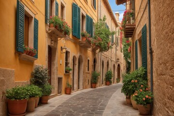 Fototapeta premium Malerische Gasse mit blauen Fensterläden und blühenden Pflanzen in Terrakotta-Töpfen