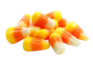 Pile of halloween candy corn sweets treat confectionery isolated, perfect for fall and autumn designs isolated on transparent background