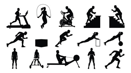 Fototapeta premium Silhouette of people doing cardio and crossfit exercises isolated on white background