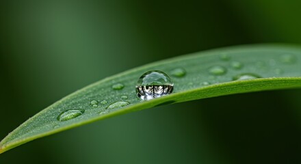 Macro view of a crystal water droplet on a vibrant green leaf, reflecting the inverted surroundings. Capturing nature's delicate freshness and serene purity