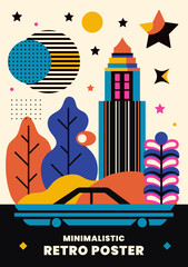 Minimalistic flat cityscape. Retro poster, infographic.