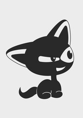 Sly black and white cat. The cat squinted one eye. Flat cartoon design.