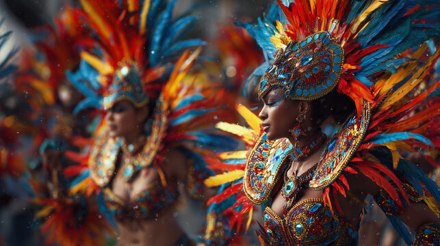 West Indian Day Parade, vibrant carnival costumes, colorful feathers and beads, energetic dancers