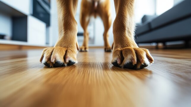 Close up of golden brown dog paws standing on wooden floor indoors