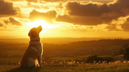 Dog sitting on grassy hill gazing at vibrant golden sunset sky over rural landscape