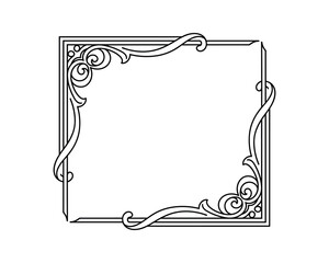 Elegant square frame with ornate corner details, featuring swirls and flourishes. Black outline vector design.