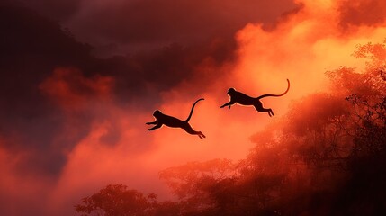 Fototapeta premium A pair of monkeys soaring through the sky above a forest during sunset with an orange and red backdrop