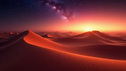 Fototapete Bordeaux A breathtaking desert landscape at sunrise, showcasing vibrant red dunes against a stunning blend of a vibrant sunset and a star-studded night sky.  © Cctv