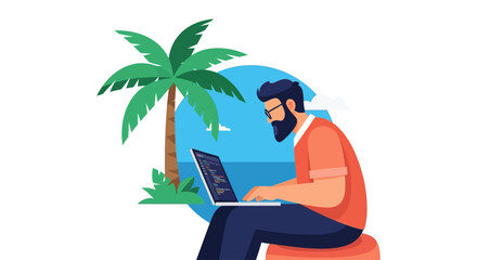 Vector illustration of a freelance developer coding remotely on a laptop from a tropical beach, symbolizing the future of the digital nomad lifestyle
