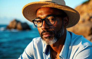 Woman with glasses and straw hat enjoying sunny day outdoors at the beach