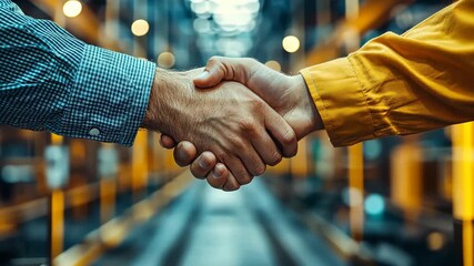 Successful business deal handshake at modern industrial factory video montage - Powered by Adobe