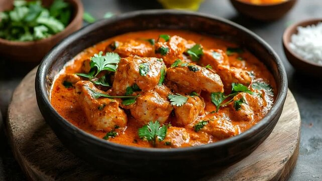 butter chicken, murgh mahal indian recipe on a warm background, video