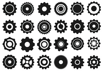 Collection of diverse black gear icons symbolizing industry innovation and mechanical engineering precision for modern projects