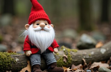 A festive gnome doll with a red hat and white beard sitting outdoors on a fallen log in a forest setting