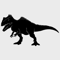 Black silhouette drawing with white lines of the carnivorous dinosaur Velociraptor and the dinosaur Giganotosaurus on a white background