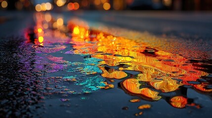   A rain-drenched street is illuminated by a streetlight behind it in this close-up image