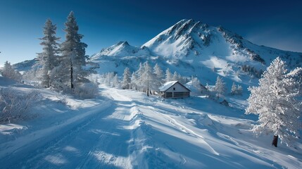 Obraz premium Switzerland Alps, snow-covered slopes, alpine chalets, winter landscape, clear blue sky, Swiss mountains, snowy peaks, traditional wooden chalets, alpine scenery, mountain retreat, winter wonderland, 