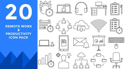 20 Remote Work & Productivity Icon Set – Home Office, Online Collaboration, Task Management, and Work From Home Tools