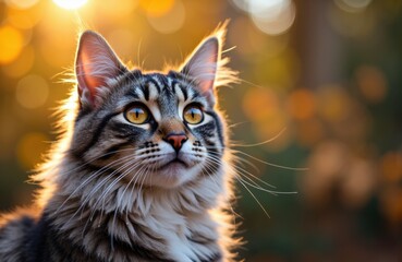 Woman with a tabby cat looking into the distance in warm sunlight