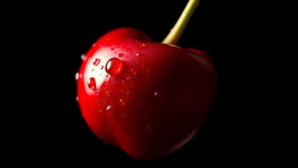 Extreme close-up of a ripe cherry with water droplets, emphasizing vibrant red color.