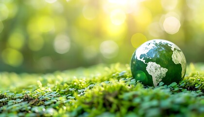 Green globe resting on moss, symbolizing environmentalism in a lush natural setting.