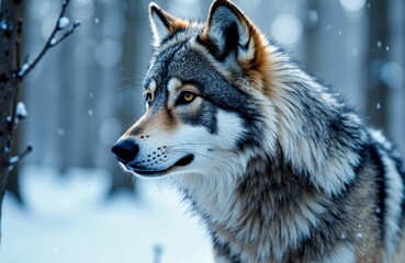 Fototapeta premium A majestic wolf standing in a snowy forest scene with a calm and alert expression