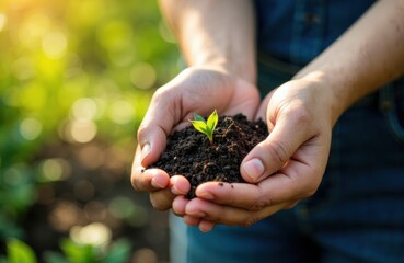 A person holding a small seedling in soil outdoors during daytime