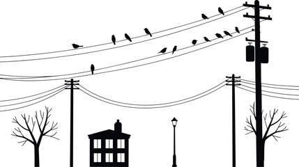 Silhouette illustration of birds perched on electric wires with utility poles, street lamp, trees, and a house in quiet urban neighborhood scene © Mst Hosnara Khatun