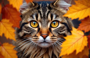 Close-up of a tabby cat with yellow eyes surrounded by vibrant autumn leaves
