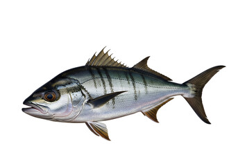 Fototapeta premium A side view of a striped fish against a stark black backdrop, showcasing its detailed scales and fin patterns.