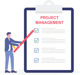 Flat illustration of female freelancer update business checklist in project management software or website on laptop screen
