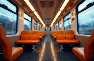Empty train carriage with orange seats and large windows creating a bright, modern transportation environment