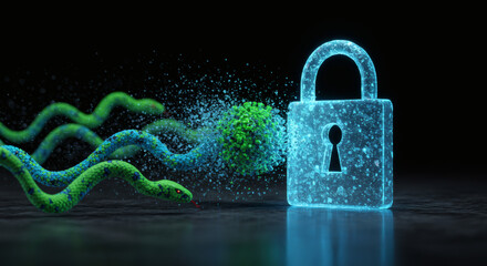 Powerful digital padlock defending against abstract cyber threats, symbolizing robust online security, data protection, and proactive defense in a complex technological landscape