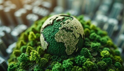 A textured Earth globe model surrounded by lush green vegetation, symbolizing environmental protection.