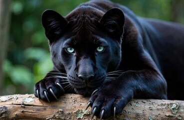 A black panther with piercing blue eyes resting on a tree branch in a lush green forest