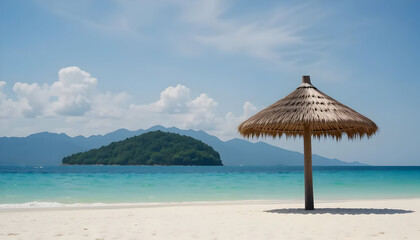 Tropical beach paradise vacation getaway with island view and beach umbrella