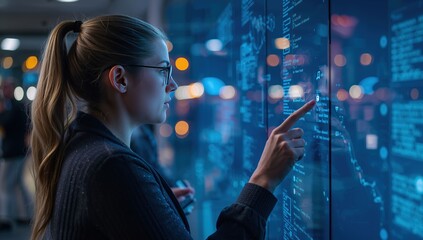 Woman interacting with futuristic digital display screen in dark office