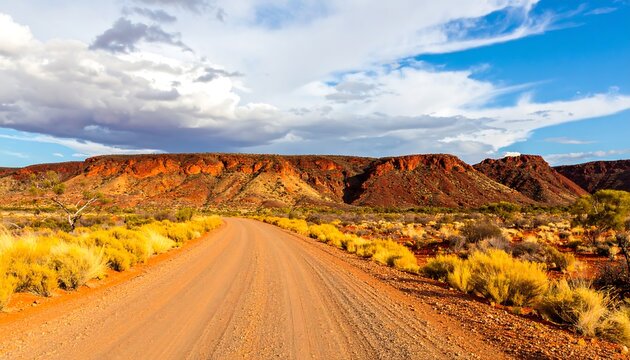 A scenic dirt road winds through a colorful landscape of vibrant red rock formations and golden-yellow grasses under a partly cloudy sky.