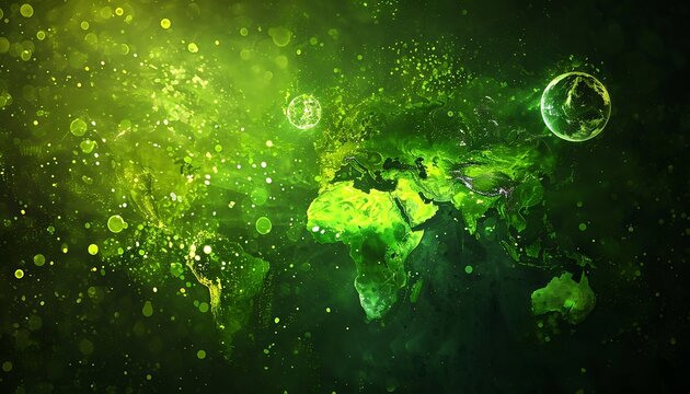 Abstract world map illustration in shades of green with glowing orbs and a textured, painterly effect.