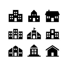 Nine Simple Black Building Icons: School, House, Office, Minimalist Style