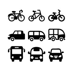 Fototapeta premium Simple Black Icons: Bicycle, Car, Van, Bus Transportation Set