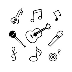 Hand-drawn Musical Instruments and Notes: Playful, Black and White Doodle Illustration for Music Design