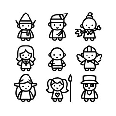 Nine Adorable Cartoon Character Icons:  Simple Line Art, Childlike, Playful Style.