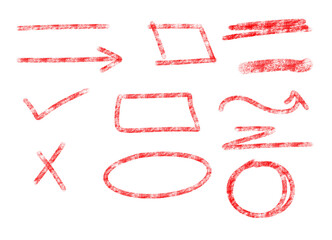 Collection of sketch red marker arrows and shapes on transparent background