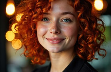 Fototapeta premium Woman with curly red hair smiling in warm lighting
